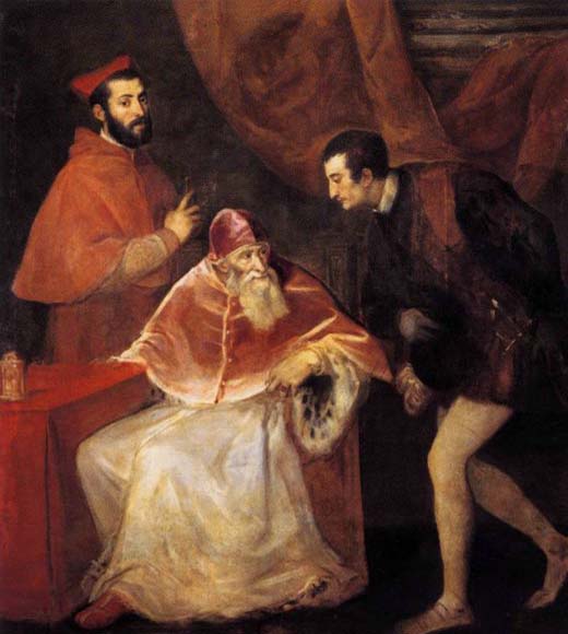 TIZIANO Vecellio Pope Paul III with his Nephews Alessandro and Ottavio Farnese